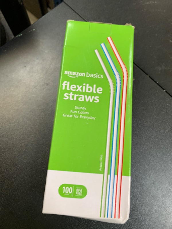 Photo 1 of Amazon Basics Disposable Striped Plastic Flex Straws, 7.5" Long, Assorted Colors, 100 Count, Large Pack