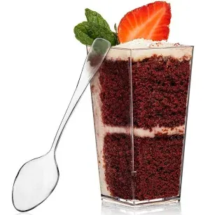 Photo 1 of Mini Dessert Cups Tall Clear Parfait Cups Square Plastic Cheesecake Shooter for Appetizers Desserts Mousse Chocolate