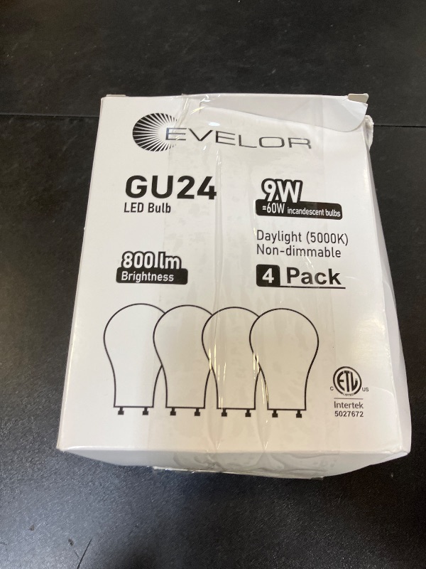 Photo 1 of evelor GU24 LED Light Bulb,60 Watt Equivalent Daylight White 5000K,Non-Dimmable,Efficient 9W,800 Lumens Twist and Lock 2 Prong Light Bulbs,15000 Hours,Ideal for Kitchen,Living Room,Bedroom, 4-Packs