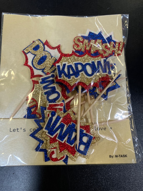 Photo 1 of Confetti! Superhero Themed Glitter Cupcake Toppers (12 Pack) - Crafted from Multi-Layer, Non-Shed Glitter Cardstock Comic Book Styles Party Vibe. Birthday party supply, baby shower