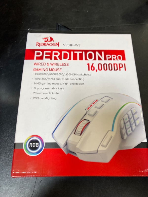 Photo 1 of Redragon Wireless Gaming Mouse, MMO Gaming Mouse UP 16,000 DPI, 16 Macro Programmable Buttons, RGB Rechargeable Mouse with 12 Side Buttons, 70Hrs for PC Laptop MOBA FPS, White,M901P-WS