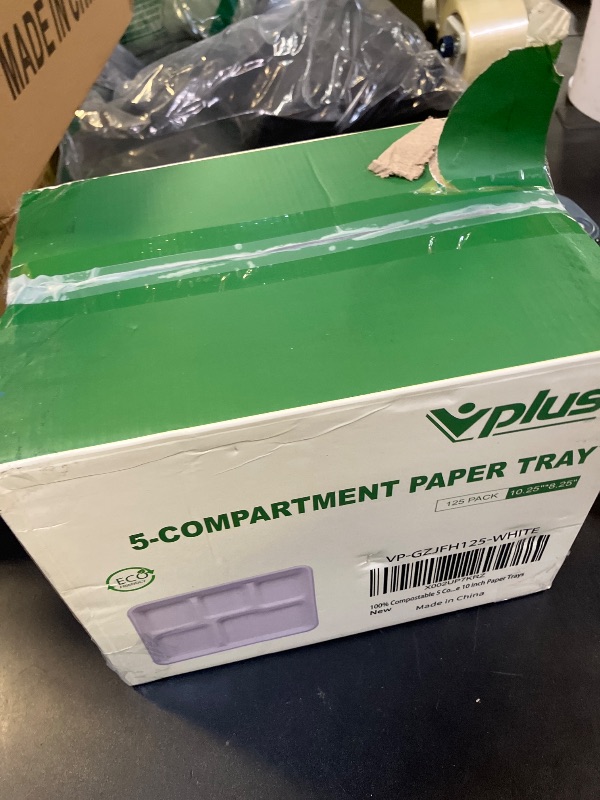 Photo 1 of Vplus 100% Compostable 5 Compartment Plates 125 Pack Eco-Friendly Disposable Sugarcane 10 x 8 inch Bagasse School Lunch Tray Perfect for Boys and Girls