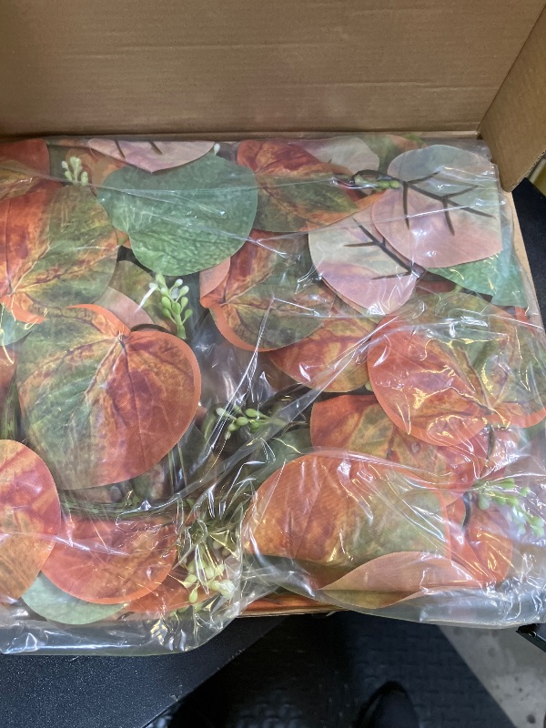 Photo 1 of 3 Packs 12ft Artificial Eucalyptus Fake Fall Vines Wreaths Garland Hanging Plants Backdrop for Room Bedroom Wall Decor, Yellow Orange Leaves for Autumn Theme Party Wedding Decoration