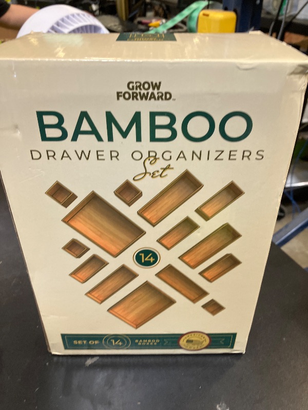 Photo 1 of Grow Forward Bamboo Drawer Organizer Boxes - Set of 14 Wooden Drawer Organizers for Kitchen, Bathroom, Office, Desk, Vanity, Makeup - Non-Slip Junk Drawer Organizer Trays for Storage and Organization