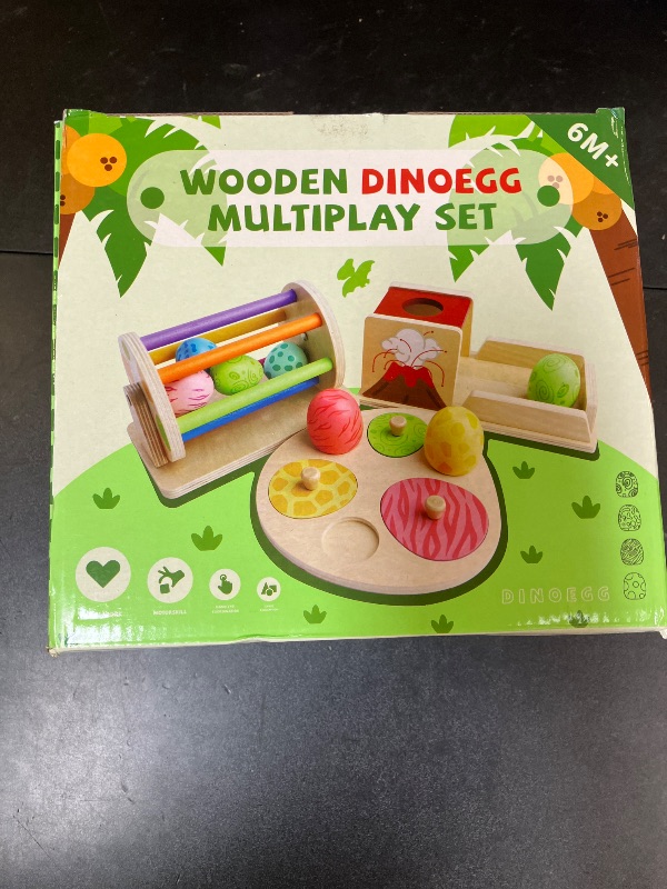 Photo 1 of Montessori Wooden Baby Toy Dinosaur Egg Toy Set for 6+ Months, Spinning Drum, Object Permanence Box Ball Drop Toy, Stacking Matching Shape Puzzle Game Early Learning Gift for Toddlers (Neutral Colors)