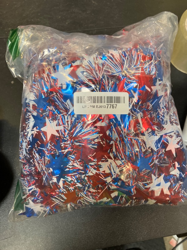 Photo 1 of 3 Pack 50FT 4th of July Patriotic Tinsel Garland Decoration, Red, White and Blue Tinsel with Star Metallic Glitter Hanging Garland for Memorial Day, Independence Day Indoor and Outdoor Decor