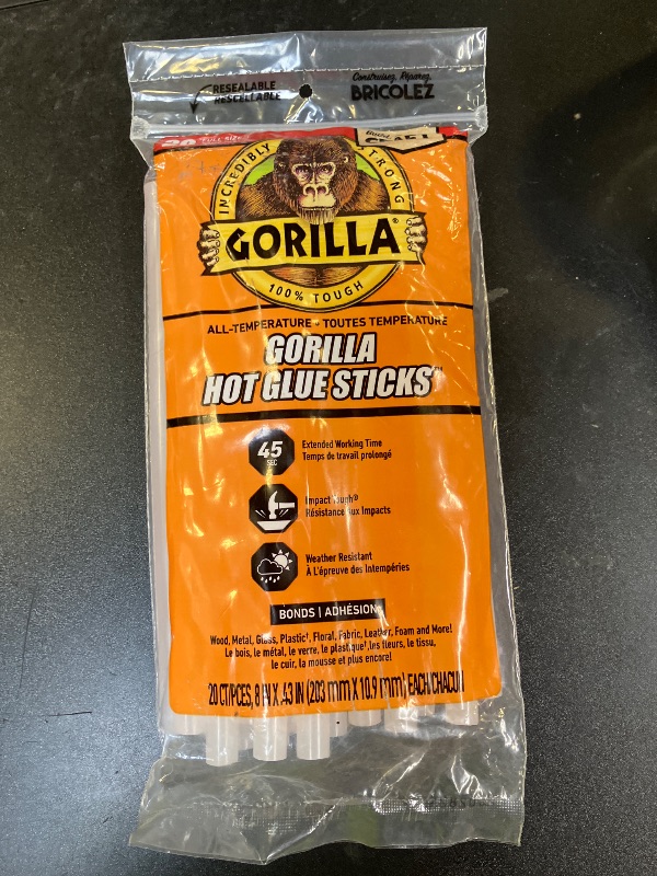 Photo 1 of Gorilla Hot Glue Sticks, Clear Glue, Full Size 8" Long x 0.43" Diameter, 20 Count (Pack of 1) - Safe for All Temperatures with Extended Working Time