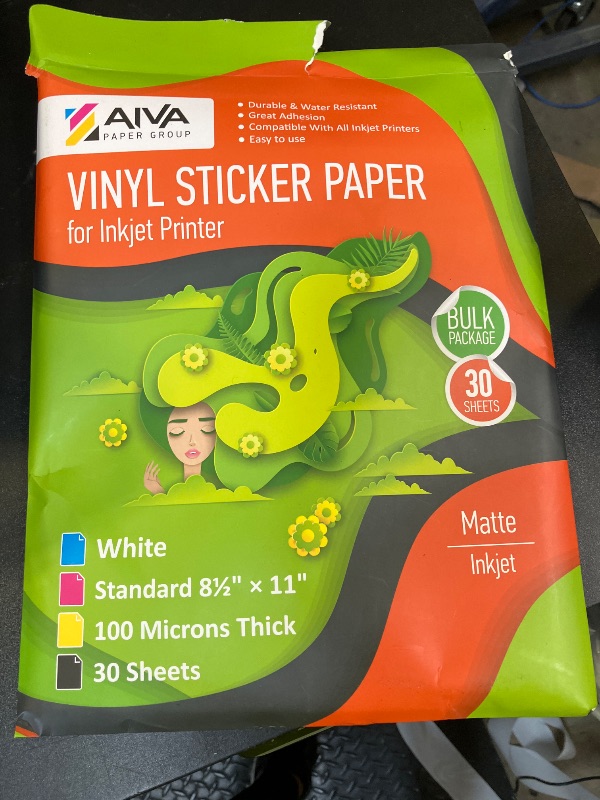 Photo 1 of Printable Vinyl Sticker Paper - Waterproof Decal Paper for Inkjet Printer - 30 Self-Adhesive Sheets - Matte White - Standard Letter Size 8.5"x11"