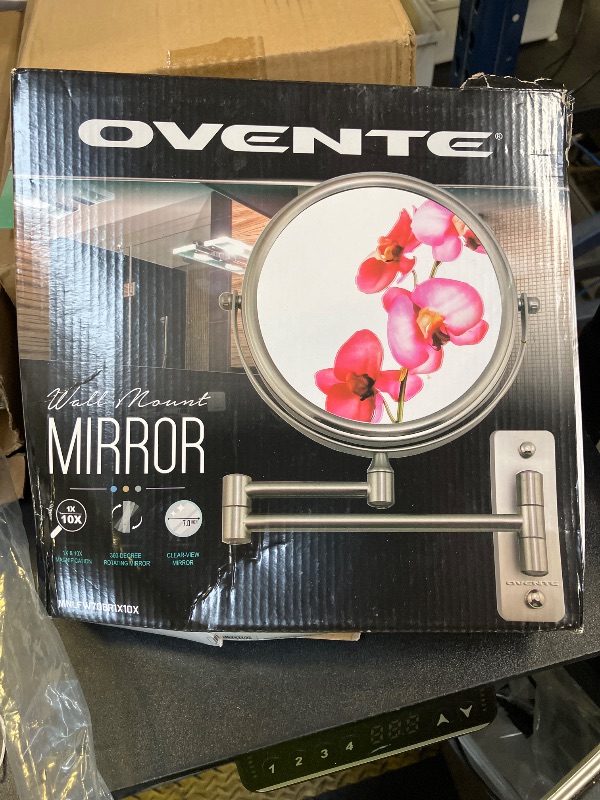 Photo 1 of OVENTE 7" Wall Mounted Makeup Mirror with 1X/10X Magnification, Double Sided Magnifying Round Bathroom Vanity Mirror, 360° Swivel Design, Extendable and Folding Arm, Nickel Brushed MNLFW70BR1X10X