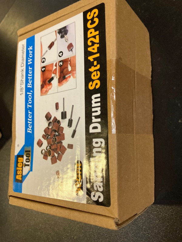 Photo 1 of Asieg Tool Sanding Drum Kit 142Pcs 80Grit, 1/2" & 3/8" & 1/4" Diameter Drum Sanding Band with 3.17mm Shank Mandrels for Drill Dremel Rotary Tools Nails Drill