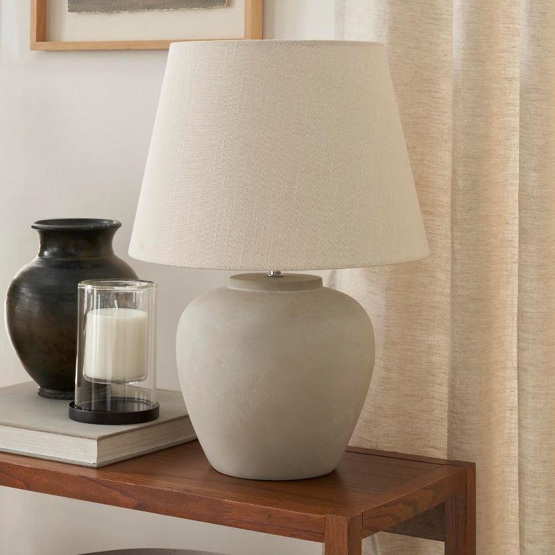 Photo 1 of Nourison Home 20" Sand (Light Beige) Ceramic Pot Table Lamp for Bedroom, Living Room, Console, Entryway