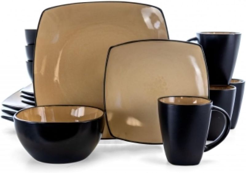 Photo 1 of 16-Piece Soho Lounge Square Stoneware Dinnerware Set – Bold Colors & Modern Design – Microwave & Dishwasher Safe (Taupe)
