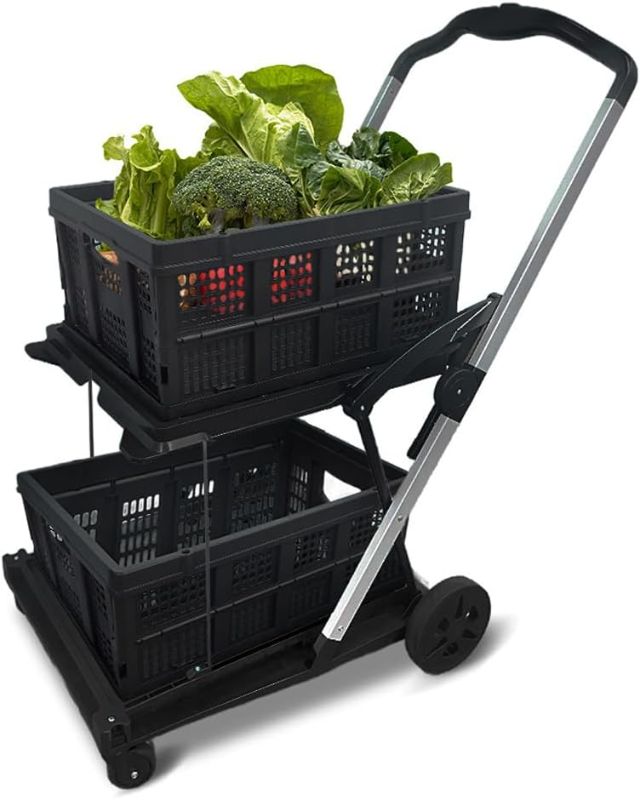 Photo 1 of Two Layers Folding Shopping Cart | Multi Use Functional Collapsible Carts | Collapsible Grocery Carts | Shopping Cart with Storage Crate | Utility Cart for Groceries, Warehouse,Supermarket.Black
