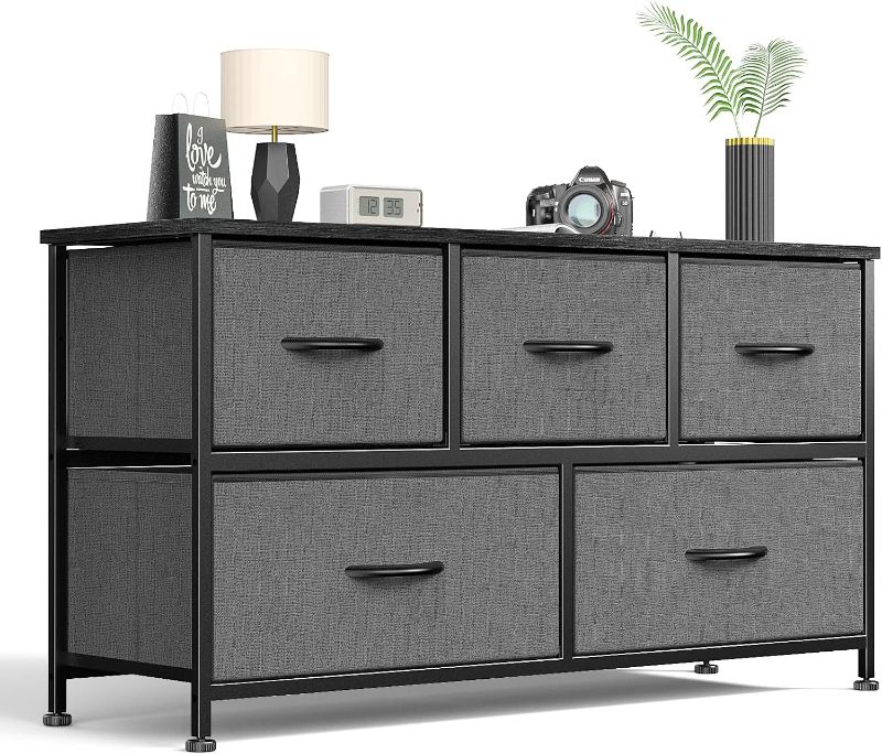 Photo 1 of Sweetcrispy Dresser for Bedroom 5 Fabric Drawers Dresser Clothes Cabinet Storage Organizers and Wood Top Surface Table for TV, Chest of Drawers for Bedroom, Living Room, Hallway, Porch Organization
