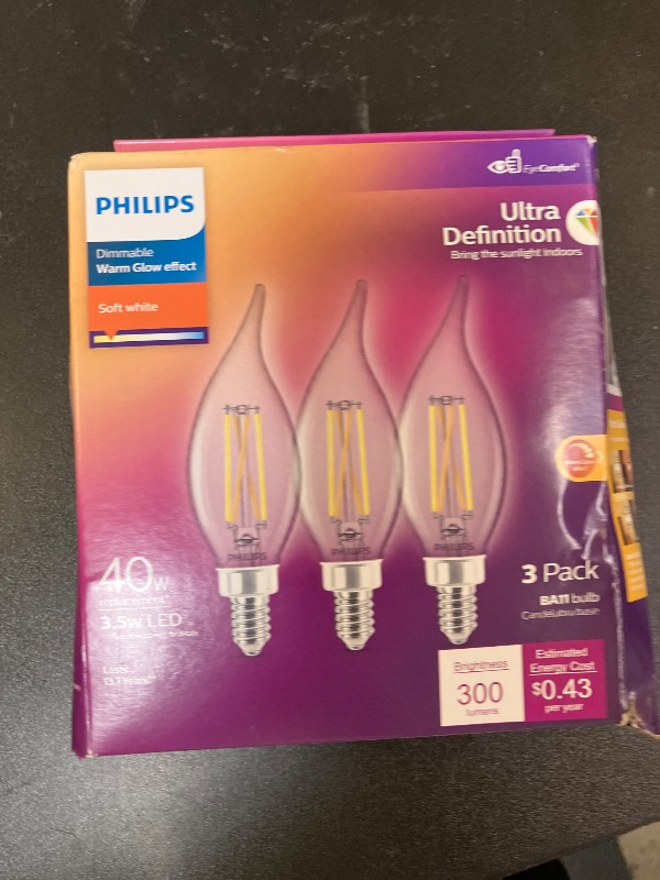 Photo 1 of Philips LED 40W BA11 E12 Base 3-Pack Ultra Definition Soft White (2700K) 300 Lumen (3.5W = 40W) Dimmable Frosted Flicker-Free Candelabra Light Bulbs