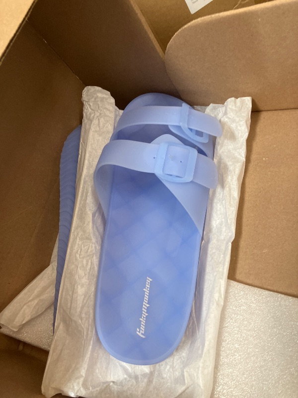 Photo 1 of FUNKYMONKEY Women's Slides Sandals Dream Jelly Color Adjustable Double Buckle Adjustable Plastic Flat Sandals (11 M US, Light Blue/MKLS)