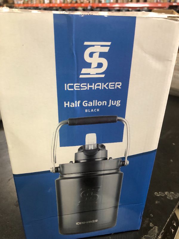Photo 1 of Ice Shaker Insulated Stainless Steel Half Gallon Water Jug | 64 oz, Black | Stays Cold for 60+ Hours | Multi-purpose lid | Odor-Free Outdoor Water Jug for Sports, Camping, Hiking, Working Out
