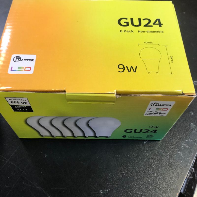 Photo 1 of CFMASTER GU24 LED Light Bulb, 5000K Daylight, 9W(100W Equivalent), 800 Lumens, A19 Shape GU 24 LED Bulbs, Twist and Lock GU24 Pin Base with Two Prongs, Non-Dimmable, UL ETL Certificated(12-Pack)