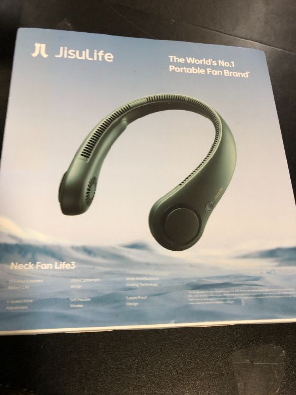 Photo 1 of JISULIFE Portable Neck Fan, Hands Free Bladeless Fan, 5 Speeds, 4000 mAh Battery Operated Wearable Personal Fan, Twistable, Rechargeable, Gift for Women Men-Dark Green