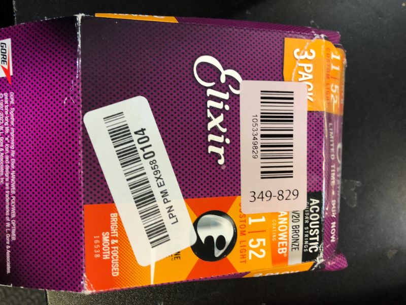Photo 1 of Elixir Strings, Acoustic Guitar Strings, 80/20 Bronze with NANOWEB Coating, Longest-Lasting Bright and Focused Tone with Comfortable Feel, 6 String Set, 3 Pack, Custom Light 11-52