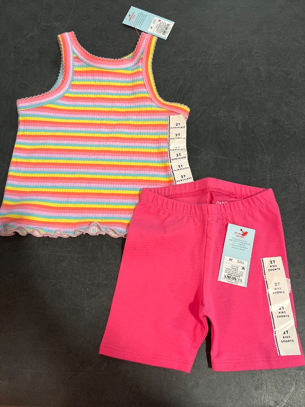 Photo 1 of 2T Girls Striped Tank Top with Pink Biker Shorts