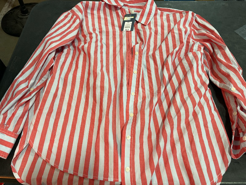 Photo 1 of (XXL) Women's Oversized Long Sleeve Collared Button-Front Shirt - Universal Thread™ Red Striped XXL

