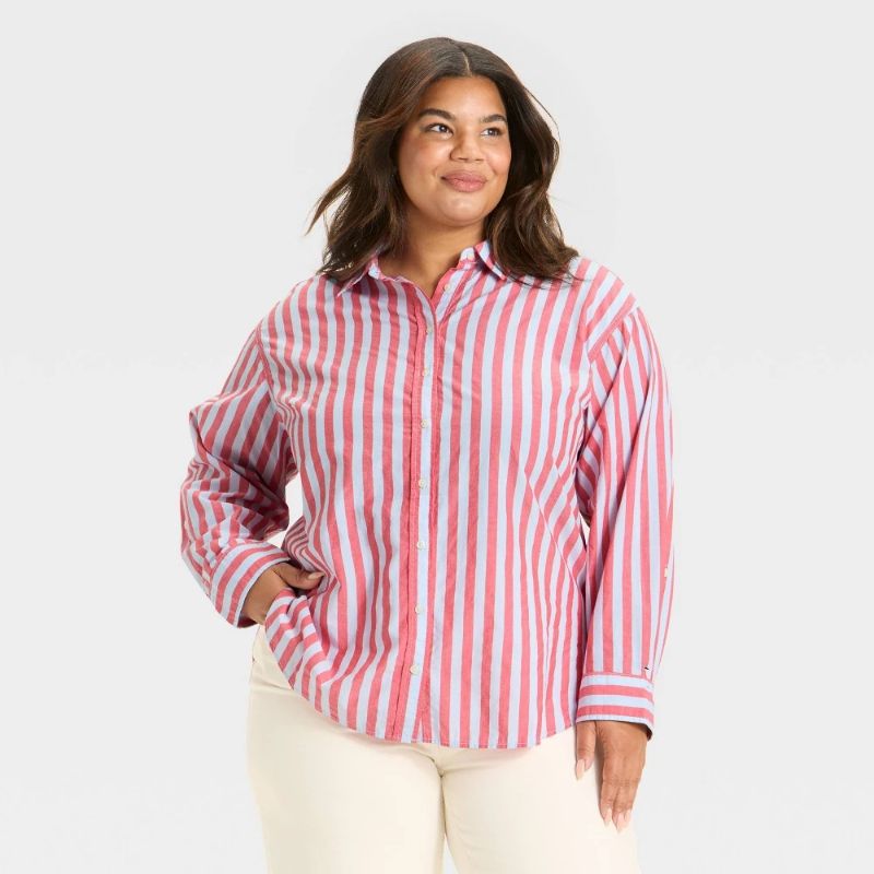 Photo 1 of (XXL) Women's Oversized Long Sleeve Collared Button-Front Shirt - Universal Thread™ Red Striped XXL
