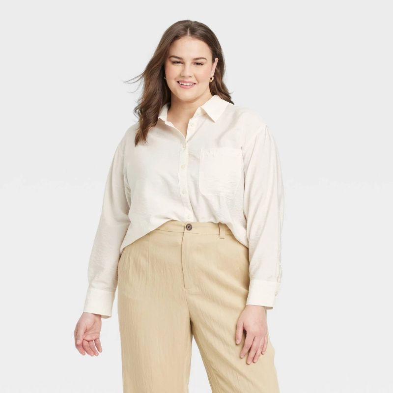 View 1 of 2X Women's Oversized Long Sleeve Crinkle Button-Down Shirt - a New Day™ Cream 2X: Rayon-Nylon Blend, Lightweight Poplin, Front Placket
