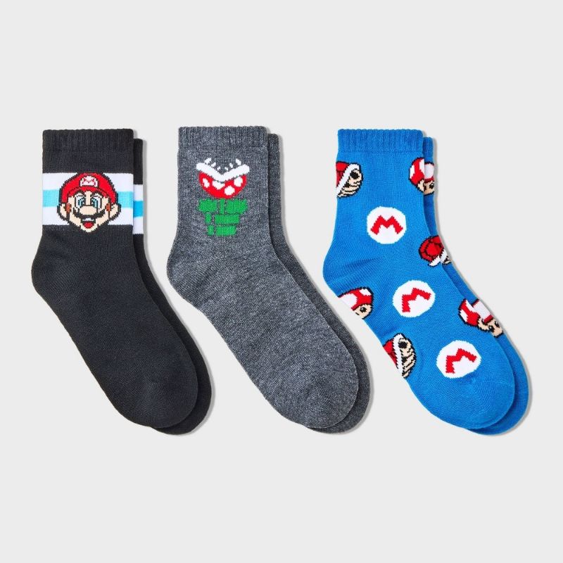 Photo 1 of (M/L) Boys' Super Mario 3pk Crew Socks - M/L: Figures Pattern, Knit, Midweight Fabric
