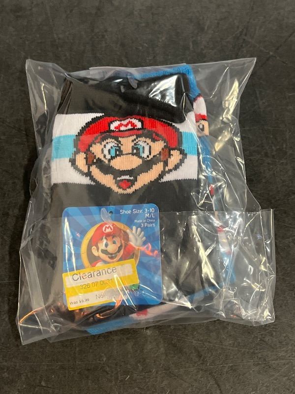 Photo 1 of (M/L) Boys' Super Mario 3pk Crew Socks - M/L: Figures Pattern, Knit, Midweight Fabric
