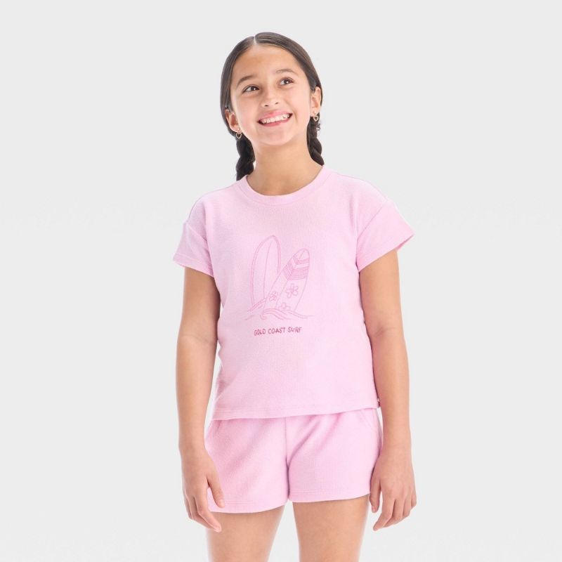 Photo 1 of (XL) Girls' Short Sleeve 'Surf' Terry Top - Cat & Jack™ Light Purple XL: Crew Neck, Pullover
