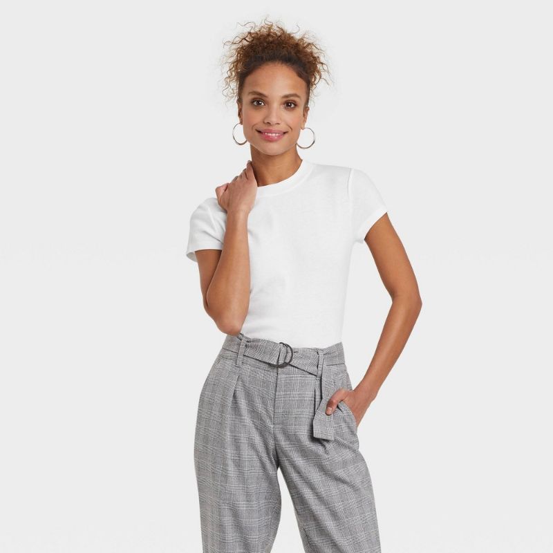 Photo 1 of (XS) Women's Slim Fit Short Sleeve Ribbed T-Shirt - a New Day™ White XS: Cotton Modal Blend, Crew Neck, Pullover
