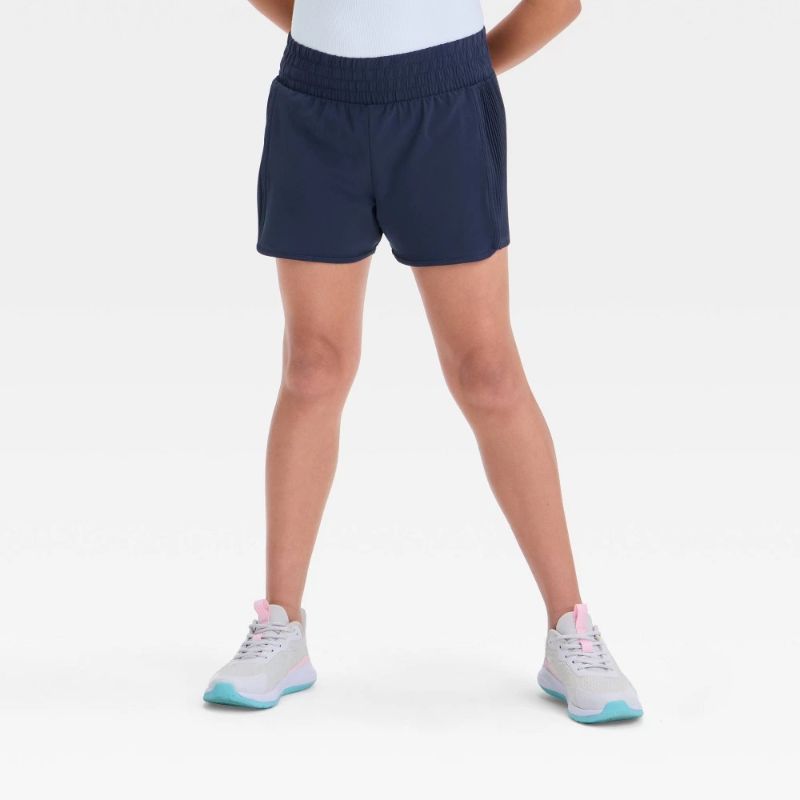 Photo 1 of (L) Girls' Active Light Side Pleated Woven Shorts - All in Motion™ Navy Blue L: Moisture Wicking, Quick Dry, 4-Way Stretch