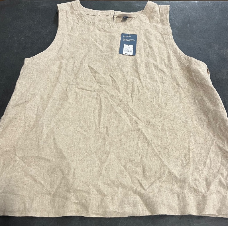 Photo 1 of (L) Women's Linen Tank Top - Universal Thread™ Tan L: Relaxed Fit, Crew Neck, Midweight, Sleeveless, Pullover, Below Waist
