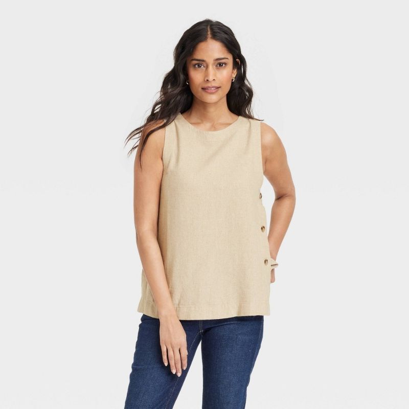 Photo 1 of (L) Women's Linen Tank Top - Universal Thread™ Tan L: Relaxed Fit, Crew Neck, Midweight, Sleeveless, Pullover, Below Waist

