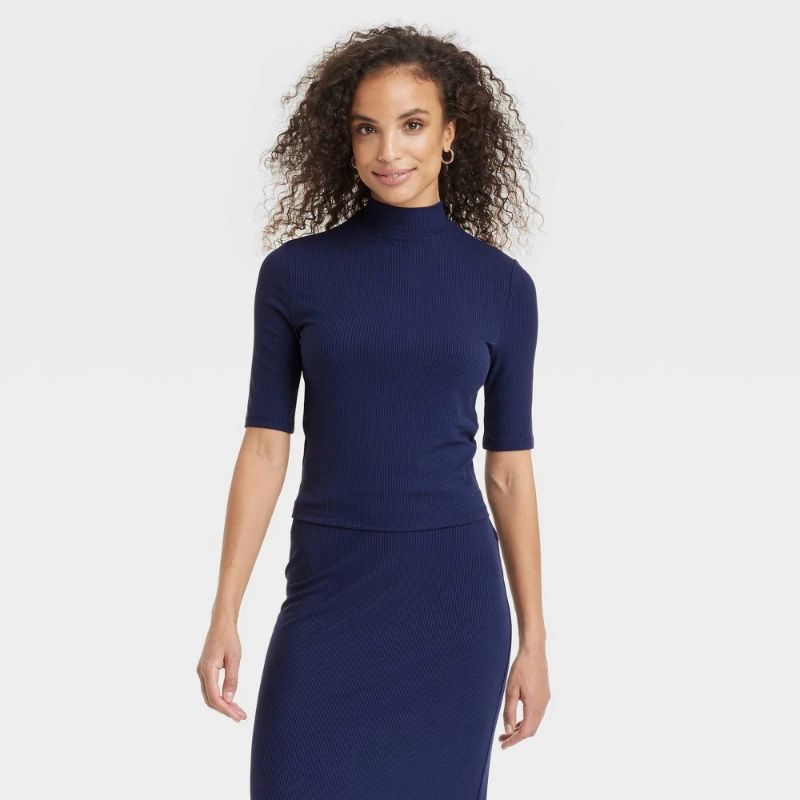 Photo 1 of (XL) Women's Elbow Sleeve Mock Turtle Neck Ribbed T-Shirt - a New Day™ Navy XL: Midweight Pullover, Solid Pattern
