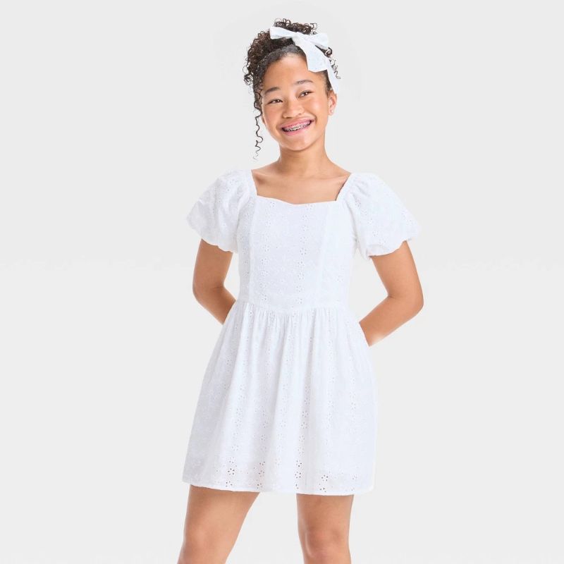 Photo 1 of (XL) Girls' Puff Sleeve Fit & Flare a-Line Dress - Art Class™ Off-White XL: Sweetheart Neckline, Lightweight Woven Cotton, Pullover Style
