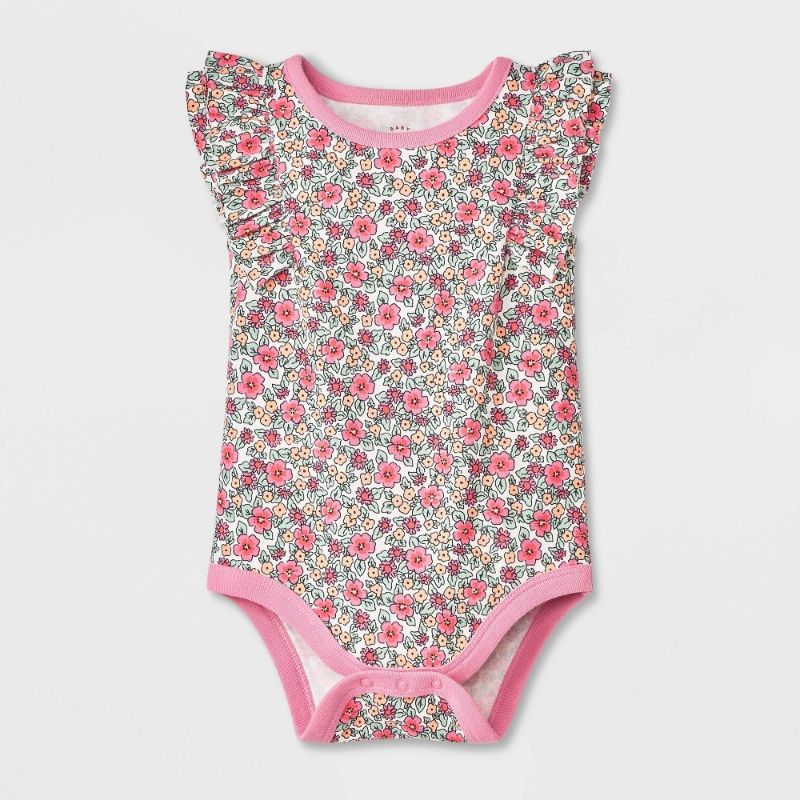 Photo 1 of 0-3M Baby Girls' Solid Ruffle Bodysuit - Cat & Jack™ Cream/Pink 0-3M: Snap Closure, Tagless Design
