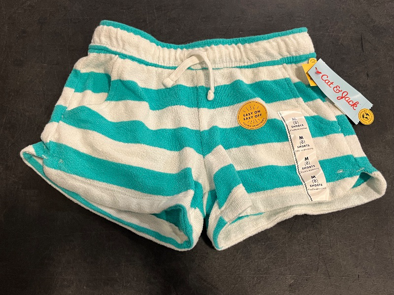 Photo 1 of (M) Girls' Knit Terry 'Striped' Shorts - Cat & Jack™ Turquoise Blue M: Adjustable Waistband, Side Pocket
