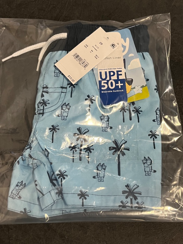 Photo 1 of 2T Toddler Boys' Bluey Swim Shorts - Blue 2T: Polyester Microfiber, Tagless, Mid Rise, Front Drawstring, UPF 50+ Protection