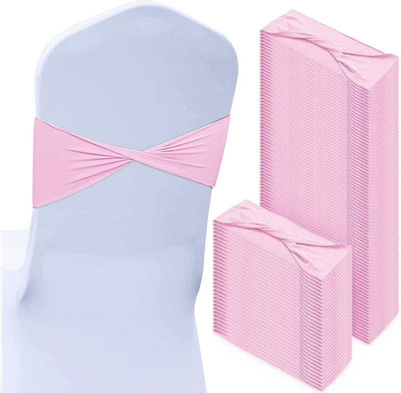 Photo 1 of Kinlop 150 Pcs Spandex Chair Sashes Bows Stretch Chair Cover Bands Elastic Ties Bands Slider Sashes Without Buckle Decorations for Wedding Party Events Ceremony Birthday(Pink)