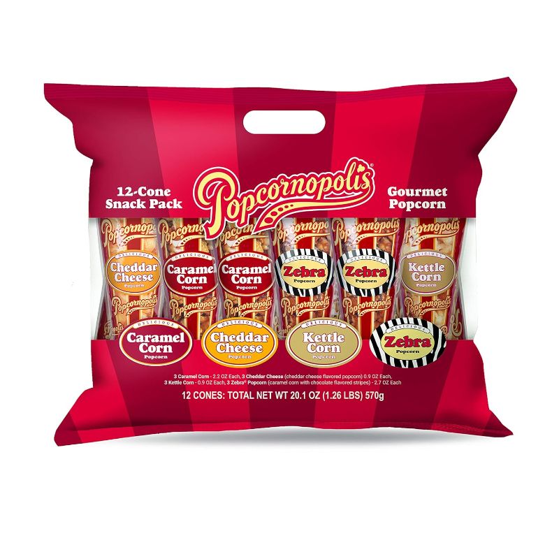Photo 1 of Expire 01-23-26* Popcornopolis Gourmet Popcorn Cone (12 PK) Assorted Flavors – Zebra, Cheddar Cheese, Caramel & Kettle Corn Popcorn, Great for Gifting & Sharing
