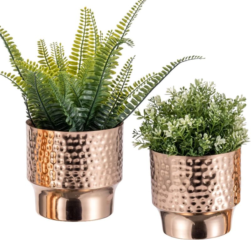 Photo 1 of MyGift 5 and 6 Inch Modern Hammered Copper Tone Metal Planter Pots, Decorative Flower Pot Plant Container Centerpiece Décor, 2 Piece Set - Handcrafted in India
