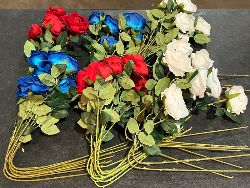 View 2 of 48 Pcs Veterans Day Artificial Flowers Bouquet Red White and Blue Flower Decorations for Veterans Day Cemetery Home Wedding(Rose and Eucalyptus)