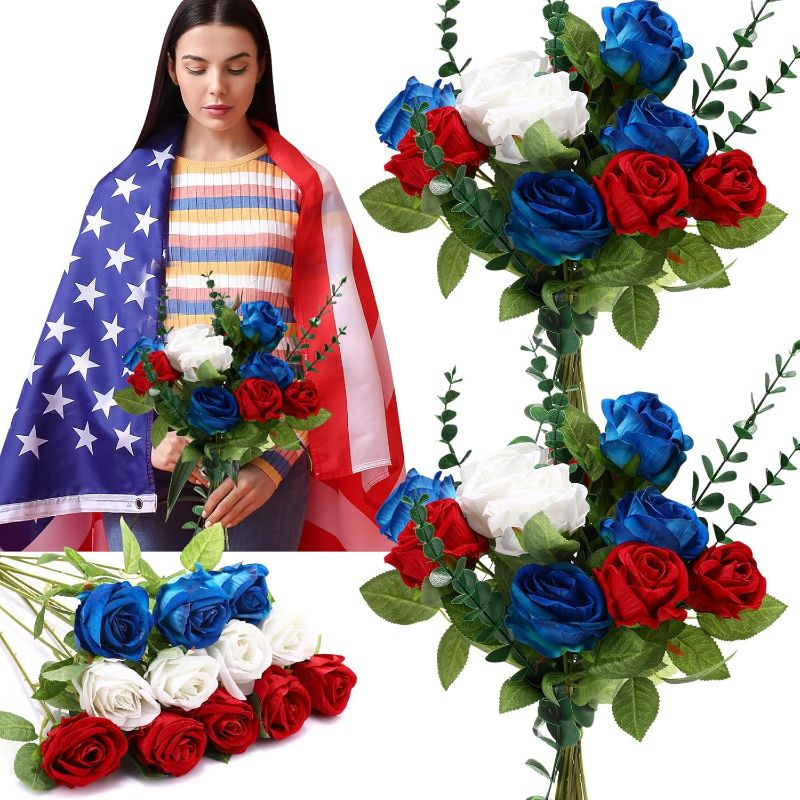 View 1 of 48 Pcs Veterans Day Artificial Flowers Bouquet Red White and Blue Flower Decorations for Veterans Day Cemetery Home Wedding(Rose and Eucalyptus)
