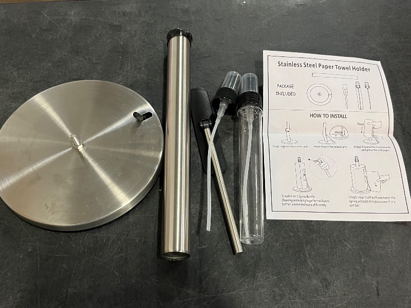 Photo 1 of 2-in-1 Standing Paper Towel Holder with Spray Bottle, Paper Towel Stand with Suction Base & Weighted Arm for Kitchen, Countertop, Stainless Steel Brushed Nickel Finish
