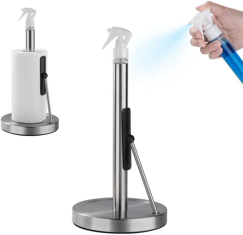 Photo 1 of 2-in-1 Standing Paper Towel Holder with Spray Bottle, Paper Towel Stand with Suction Base & Weighted Arm for Kitchen, Countertop, Stainless Steel Brushed Nickel Finish
