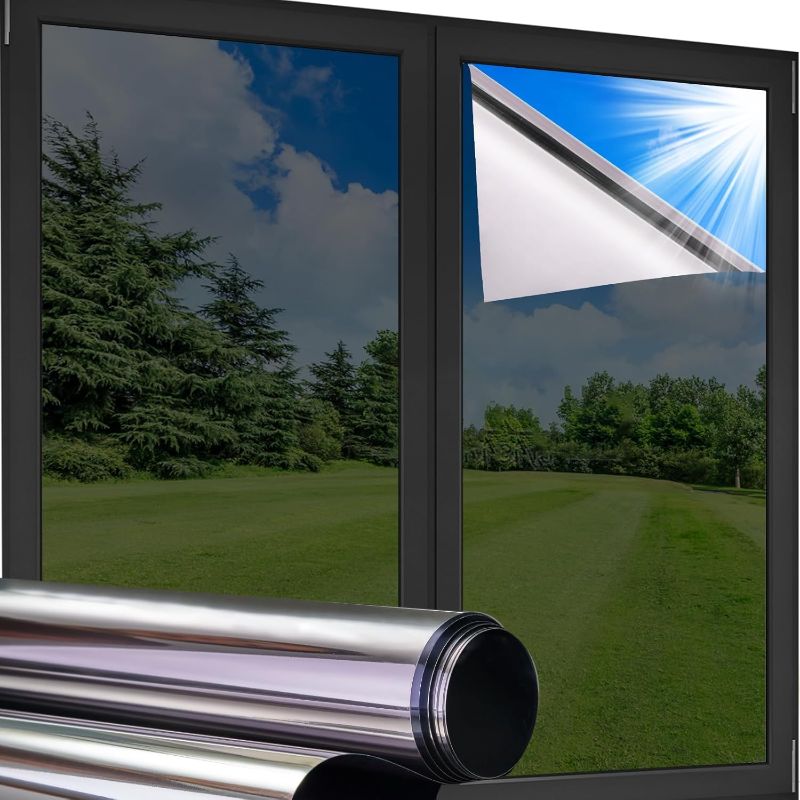 Photo 1 of Coavas One Way Privacy Window Film,Reflective Home Glass Mirror Tint See Out Not in,Heat UV Blocking Static Cling for Office Front Door Daytime Privacy Covering, Black-Silver,35.4x78.7 in
