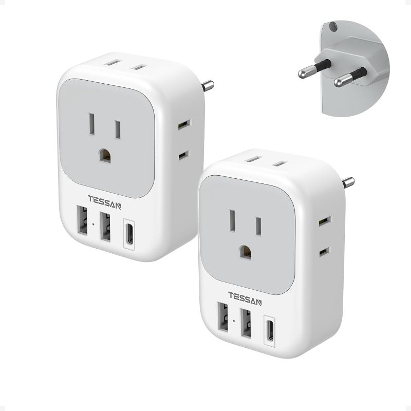 Photo 1 of 2 Pack European Plug Adapter USB C, TESSAN US to Europe Adapter 4 Outlets 3 USB Charger, Type C International Power Adaptor to Italy Spain France Portugal Iceland Germany, Europe Travel Essentials
