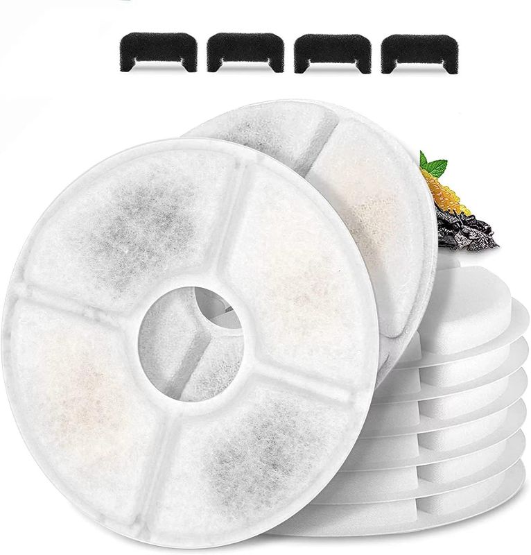 View 1 of Cat/Pet Water Fountain Filters, 12 Pieces Set Pack of 8 Replacement Filter Fit for 81oz/2.4L, 3 Filtration System with 4 Pre-Filter Sponges
